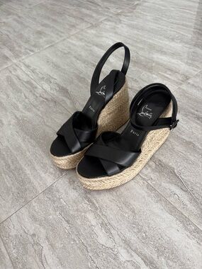 Christian Louboutin Black Leather Espadrille Wedge Sandals